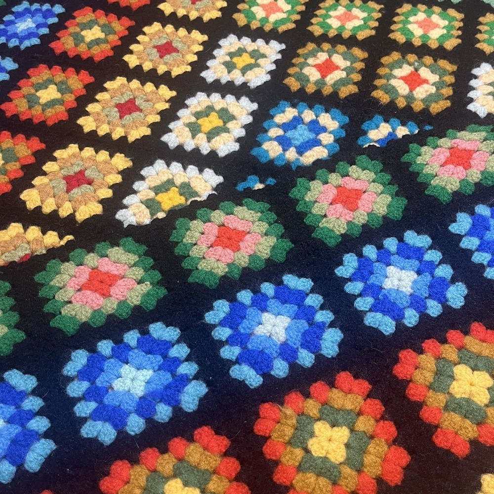 Vintage Roseanne Granny Square Crochet Afghan Blanket Black Retro Boho 53x76